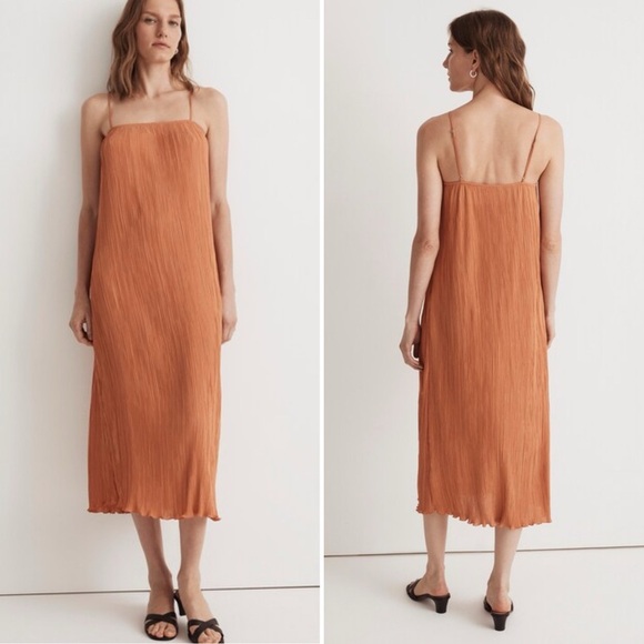 Madewell Goldie Dress 12 Sunset Haze midi slip sleeveless orange crinkle column - Picture 1 of 13